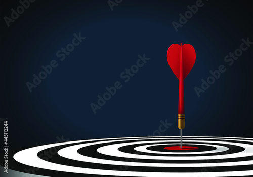 Red dart hit to center of dartboard. Arrow on bullseye in target. Business success, investment goals, marketing challenge, financial strategy, purpose achievement, focus ideas concept. 3d vector