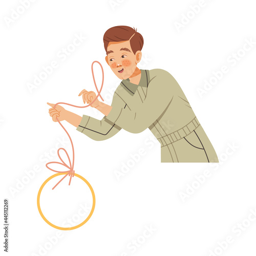Freckled Man Photographer in Overall Retouching Photograph with Lasso Tool Vector Illustration