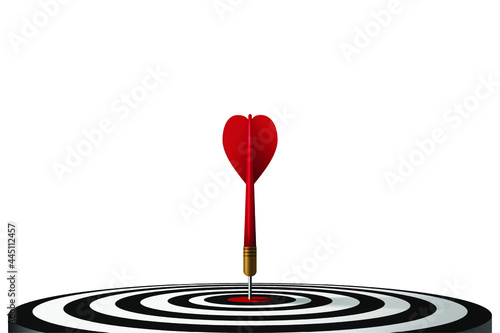 Red dart hit to center of dartboard. Arrow on bullseye in target. Business success, investment goals, marketing challenge, financial strategy, purpose achievement, focus ideas concept. 3d vector
