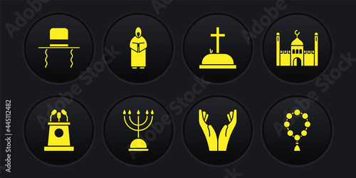 Set Stage stand or tribune, Muslim Mosque, Hanukkah menorah, Hands in praying position, Tombstone with cross, Monk, Rosary beads religion and Orthodox jewish hat sidelocks icon. Vector