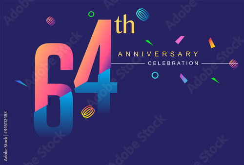 64th anniversary celebration with colorful design, modern style with ribbon and colorful confetti isolated on dark background, for birthday celebration. photo