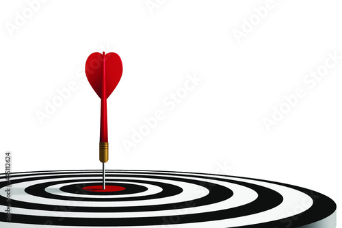 Red dart hit to center of dartboard. Arrow on bullseye in target. Business success, investment goals, marketing challenge, financial strategy, purpose achievement, focus ideas concept. 3d vector