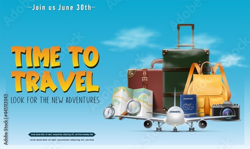 Vector realistic travel concept banner or poster with tourist elements, luggage, map, passport, plane.