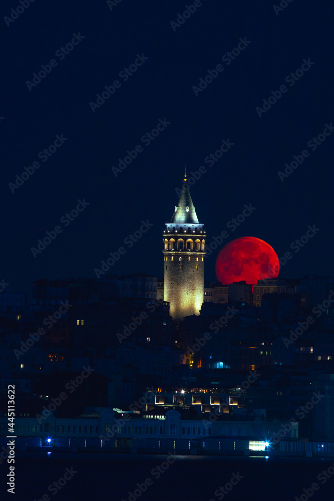 Galata Tower at moonset. Istanbul background photo. 