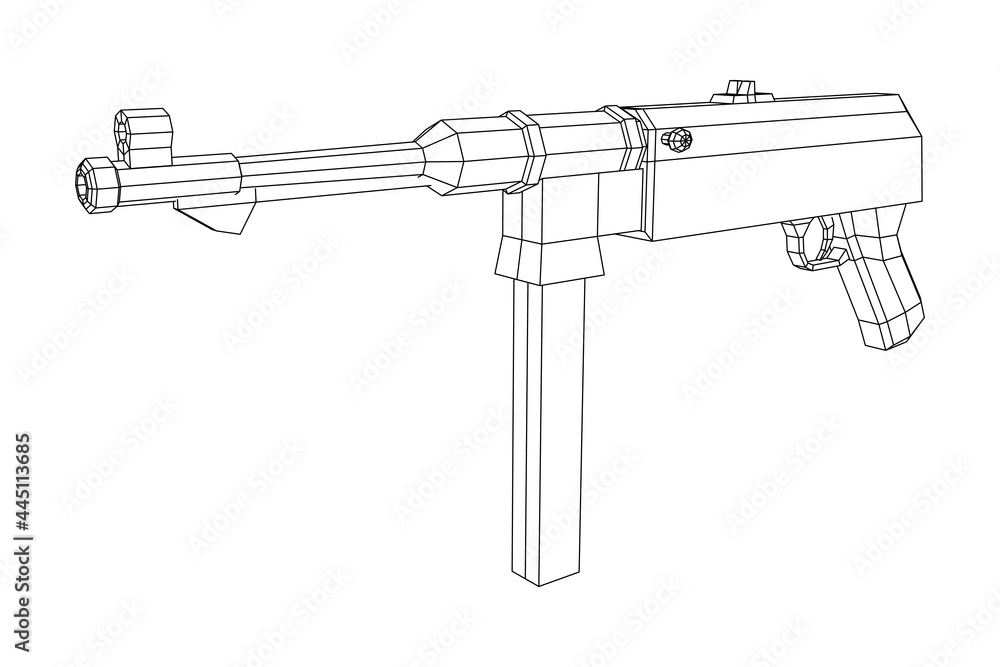 Submachine gun german MP 40 world war 2 firearms pistol. Wireframe low poly mesh vector illustration. Submachine gun german MP 40 world war 2 firearms pistol. Wireframe low poly mesh vector illustration.