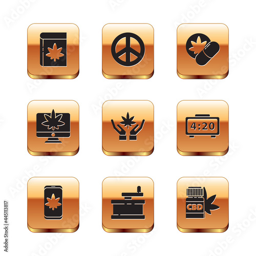 Set Book and marijuana or cannabis, Mobile, Manual grinder, Marijuana leaf, Monitor, Herbal ecstasy tablets, Medical bottle with and Peace icon. Vector