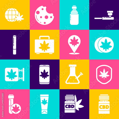 Set Medical bottle with cannabis, Shield and marijuana leaf, Herbal ecstasy tablets, Marijuana or olive oil, Shopping box of, joint, Legalize globe and Location icon. Vector
