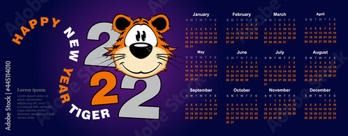 Calendar happy new year tiger, symbol of 2022 on blue background. Vector, illustration