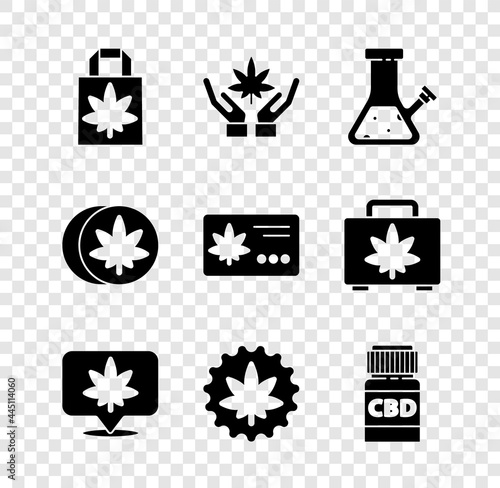 Set Shopping paper bag of marijuana, Marijuana or cannabis leaf, Glass bong for smoking, Location and, Medical bottle with, Herbal ecstasy tablets and Calendar icon. Vector
