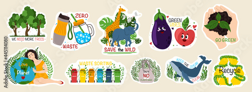Fototapeta Naklejka Na Ścianę i Meble -  Collection of ecology stickers with slogans - zero waste, recycle, go green, love our planet, we need more trees. Bundle of bright vector design elements.