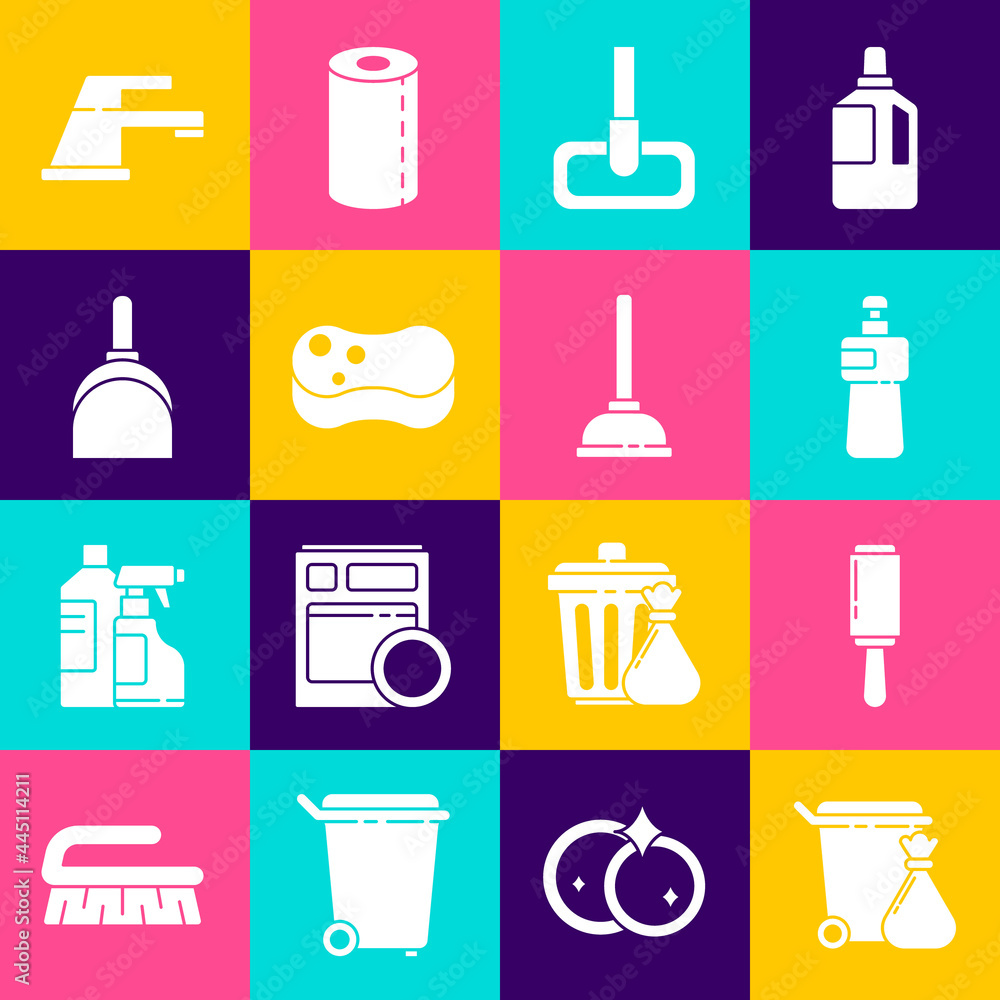 Naklejka premium Set Trash can and garbage bag, Adhesive roller, Dishwashing liquid bottle, Mop, Sponge, Dustpan, Water tap and Rubber plunger icon. Vector