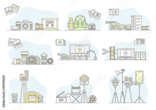 Photo and Video Content Footage Production in Filmmaking with Movie Camera and Motion Picture Record Line Vector Set