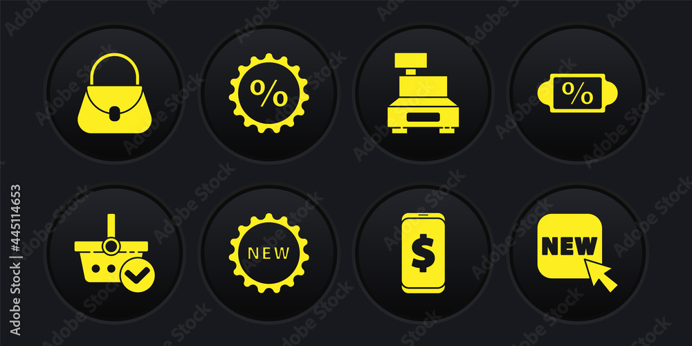 Set Shopping basket with check mark, Discount percent tag, Price text New, Smartphone dollar, Cash register machine, Button and Handbag icon. Vector Set Shopping basket with check mark, Discount percent tag, Price text New, Smartphone dollar, Cash register machine, Button and Handbag icon. Vector