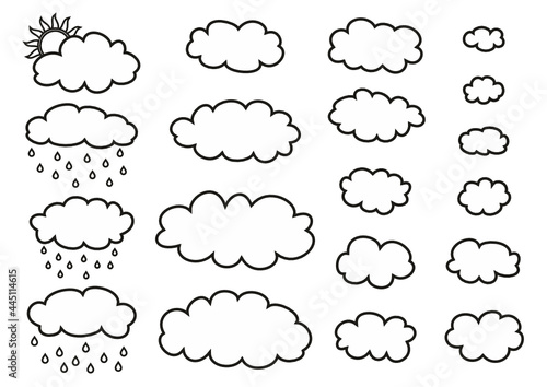 Set of clouds in cartoon style, rainy clouds, cloud outlines, vector clouds drawing