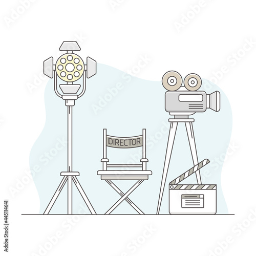 Video Content Footage Production in Filmmaking with Movie Camera and Director Chair Line Vector Illustration