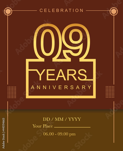 9th years golden anniversary design line style with square golden color for anniversary celebration event.