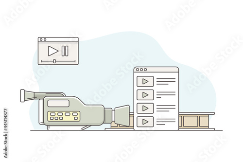 Video Content Footage Production in Filmmaking with Movie Camera and Motion Picture Record Line Vector Illustration