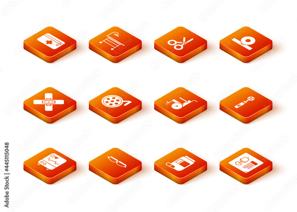 Set Monitor with cardiogram, Safety goggle glasses, Crossed bandage plaster, Surgery lamp, Medicine bottle pills, Wheelchair for disabled person, X-ray shots and Electric toothbrush icon. Vector