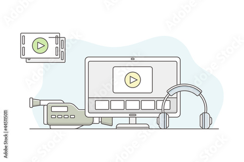Video Content Footage Production in Filmmaking with Movie Camera and Postproduction Editor Software Interface Line Vector Illustration
