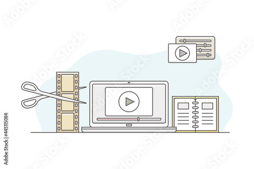 Video Content Footage Production in Filmmaking with Laptop and Postproduction Software Line Vector Illustration