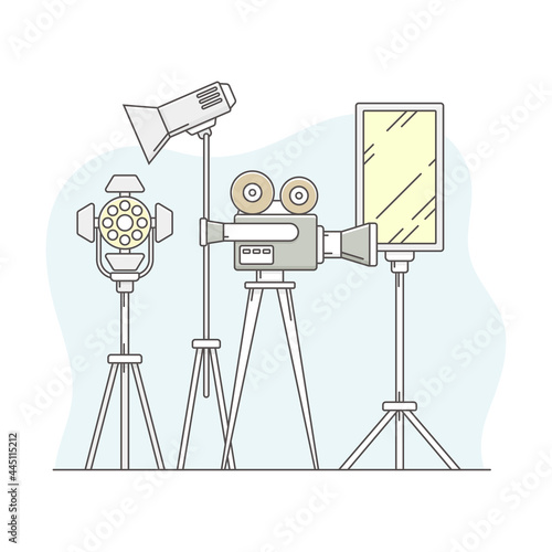 Video Content Footage Production in Filmmaking with Movie Camera and Motion Picture Record Line Vector Illustration