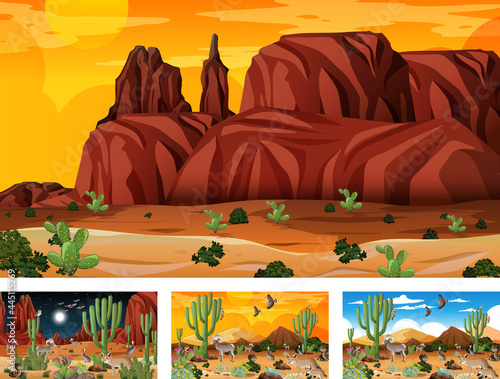 Different scenes with desert forest landscape with animals and plants