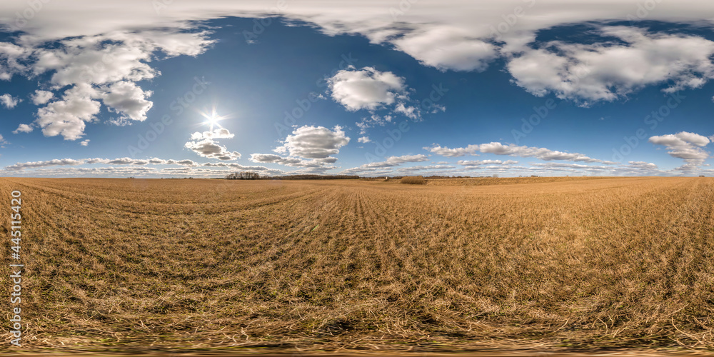 Fototapeta premium full seamless spherical hdri panorama 360 degrees angle view on among farming fields in autumn day with awesome clouds in equirectangular projection, ready for VR AR virtual reality content