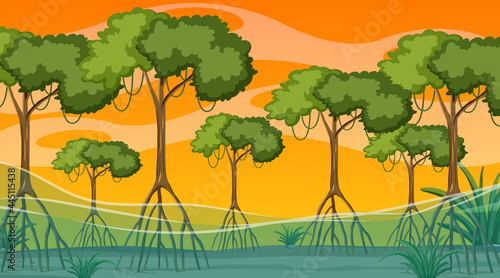 Nature scene with Mangrove forest at sunset time in cartoon style