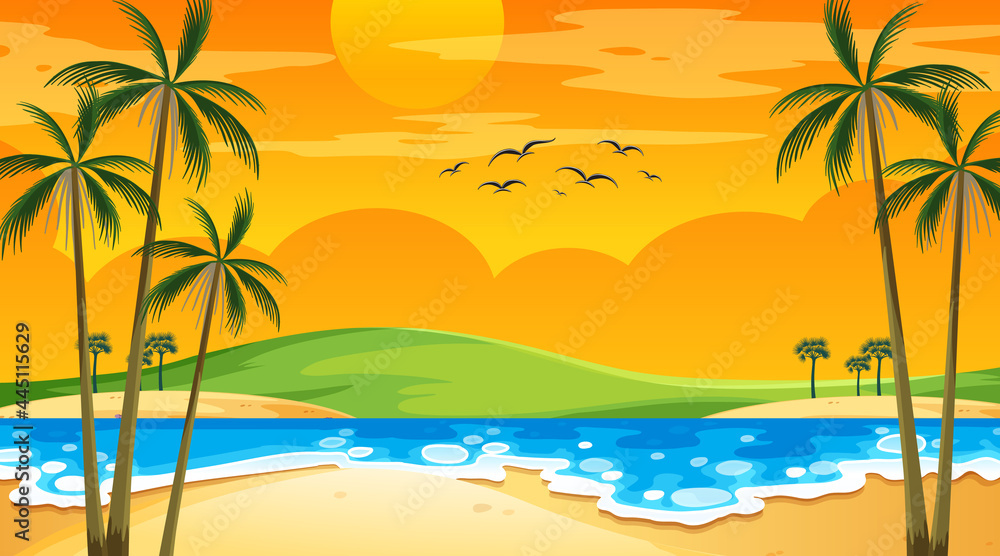 Beach at sunset time landscape scene with palm trees