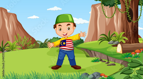 Muslim kids wears traditional clothes in the forest scene