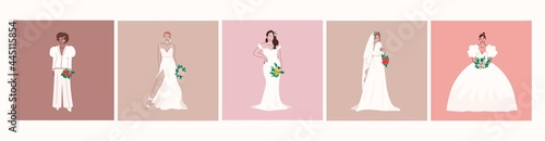 Young attractive Brides with bouquets. Full length view of elegant ladies posing with wedding flowers. Modern bridal look. Women standing in white wedding dress. Hand drawn trendy Vector set