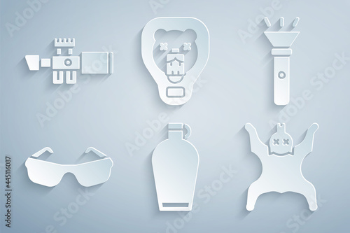 Set Canteen water bottle, Flashlight, Glasses, Bear skin, head on shield and Sniper optical sight icon. Vector