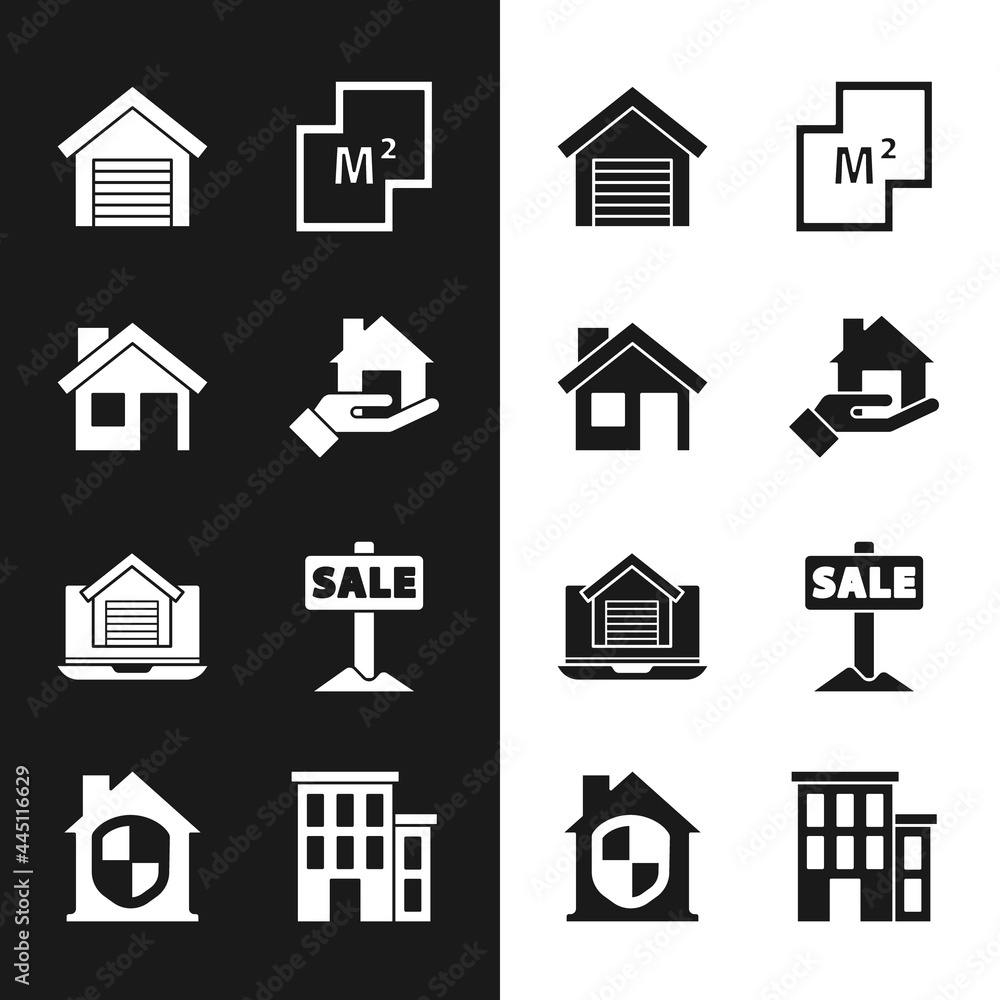 Set Realtor, House, Garage, plan, Online real estate house, Hanging sign with Sale, and under protection icon. Vector