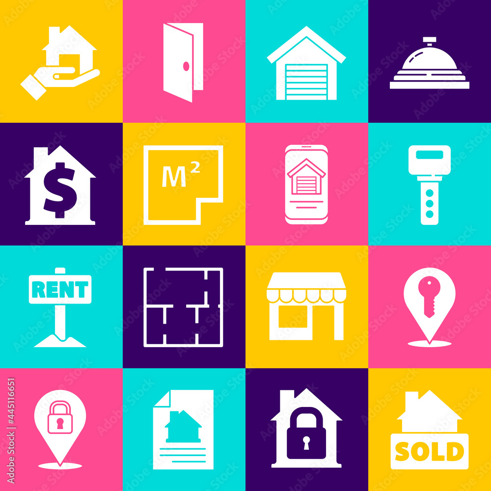 Set Hanging sign with text Sold, Location key, House, Garage, plan, dollar symbol, Realtor and Online real estate house icon. Vector Set Hanging sign with text Sold, Location key, House, Garage, plan, dollar symbol, Realtor and Online real estate house icon. Vector