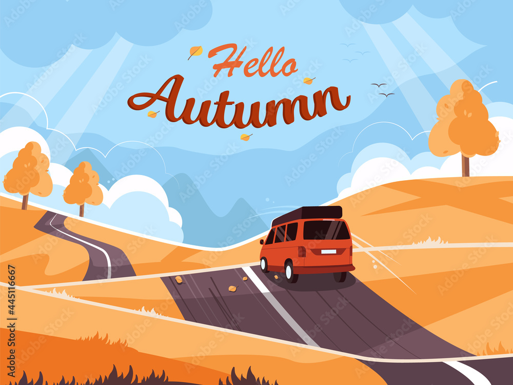 Colorful autumn landscape. Landscape with a cute van on the road. Travel concept. Vector illustration in flat style