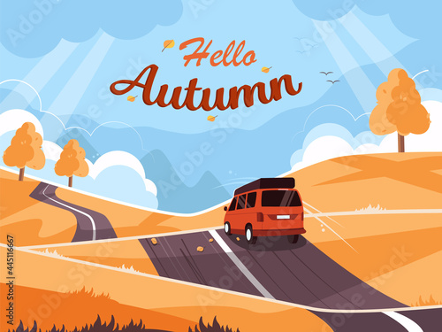 Colorful autumn landscape. Landscape with a cute van on the road. Travel concept. Vector illustration in flat style