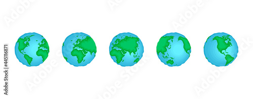 Planet Earth sphere rotate set. World map in globe shape spinning collection. Continents and oceans vector eps isolated illustration on white background