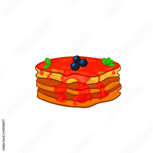 Vector pancakes, cartoon illutration, red pouring, sweet pancake isolated on white background, dessert illustration.
