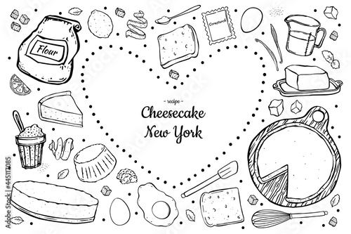Illustration cheesecake and ingredients for cooking isolated on white background.