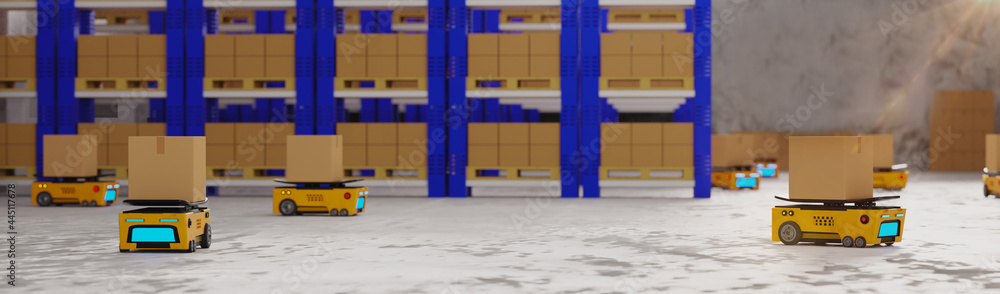 Concept industry 4.0 robotic Artificial Intelligence,Autonomous Robot of warehouse logistic,smart Automated delivery vehicle in modern storehouse shipping,with robot carrier carrying cardboard box Concept industry 4.0 robotic Artificial Intelligence,Autonomous Robot of warehouse logistic,smart Automated delivery vehicle in modern storehouse shipping,with robot carrier carrying cardboard box