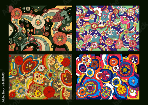 Psychedelic Floral Backgrounds and Patterns, Vintage style Fantastic Flowers and Rainbows 