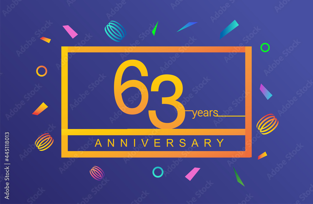 63rd years anniversary celebration white square style isolated with colorful confetti background, design for anniversary celebration.