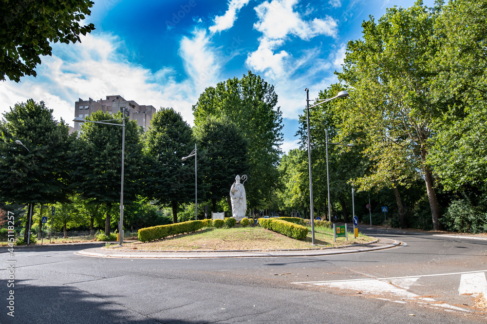 statue of san valentino placed at the roundabout near the church in terni