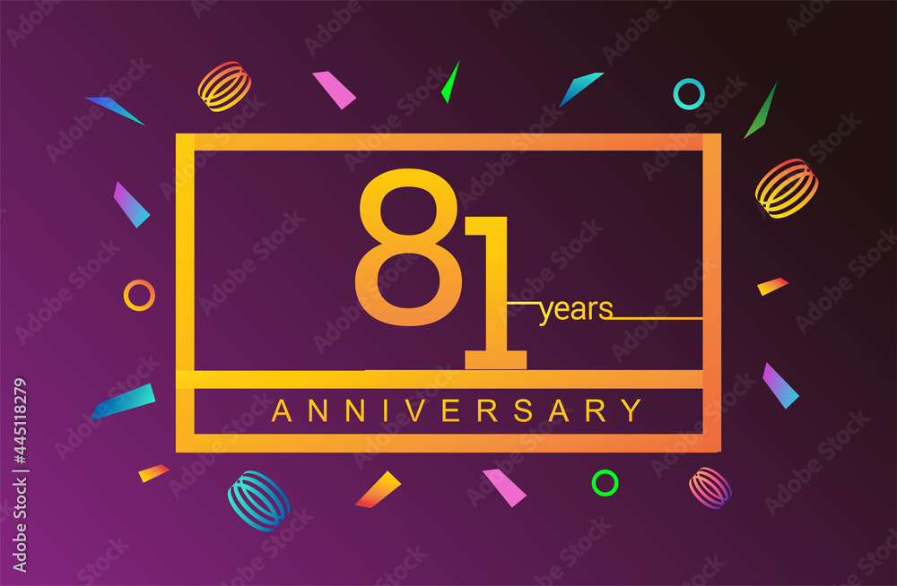 Fototapeta premium 81st years anniversary celebration white square style isolated with colorful confetti background, design for anniversary celebration.