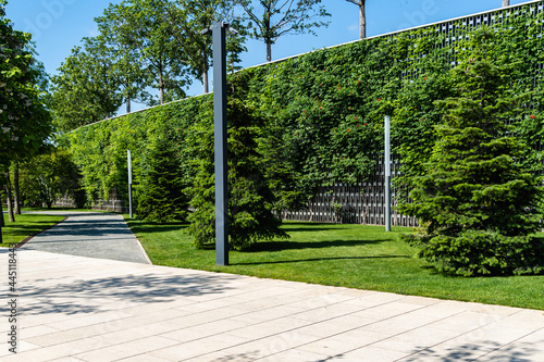 Wallpaper Mural Multi-level landscape city park "Krasnodar" or "Galitsky Park" with ornamental trees and green lawn on slopes. Comfortable wooden benches are located along footpaths. Place for relaxation and walking. Torontodigital.ca