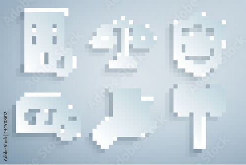 Set House insurance, Piggy bank with shield, Money, Judge gavel, Scales of justice and Fire burning house icon. Vector