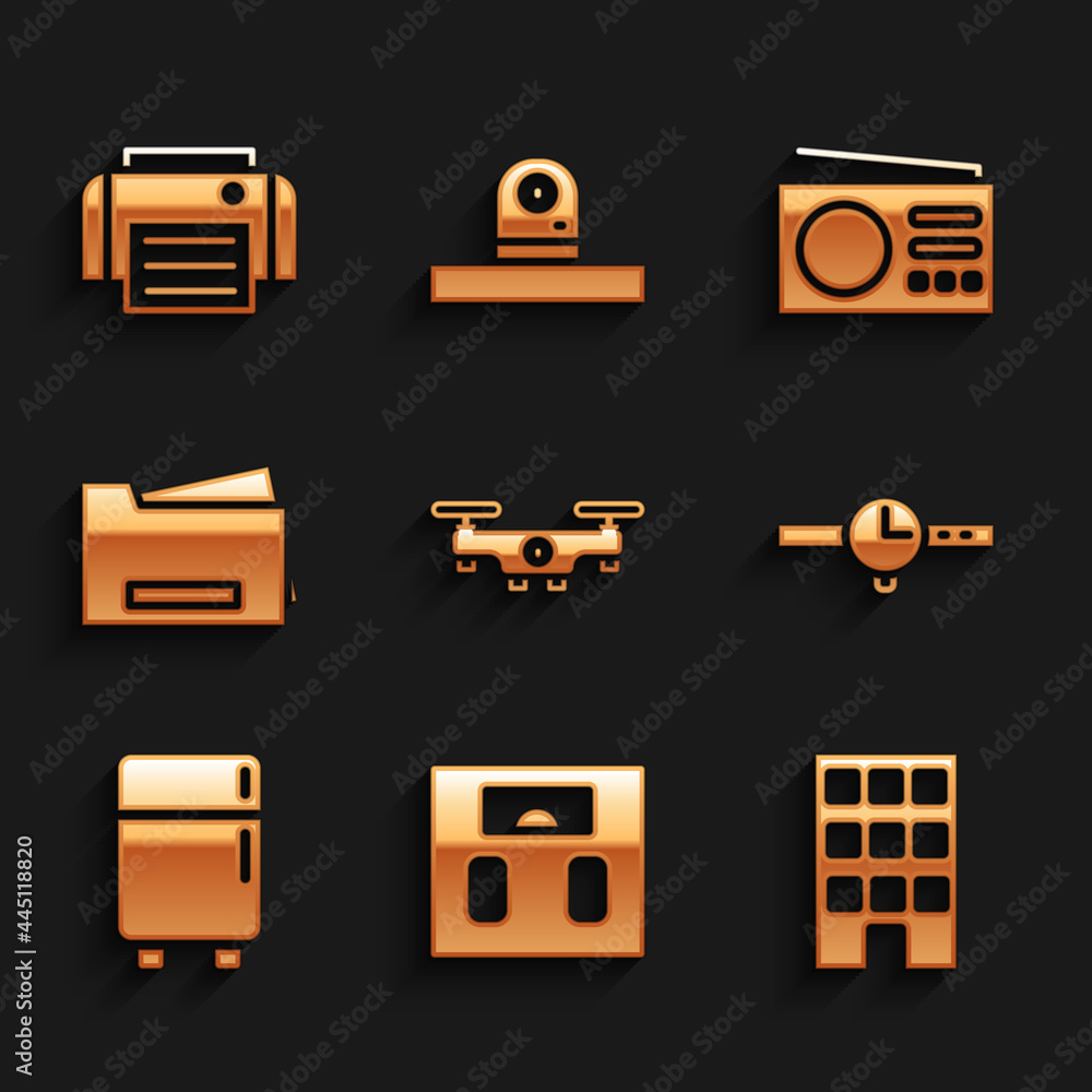 Set Drone flying, Bathroom scales, House, Wrist watch, Refrigerator, Printer, Radio and icon. Vector Set Drone flying, Bathroom scales, House, Wrist watch, Refrigerator, Printer, Radio and icon. Vector