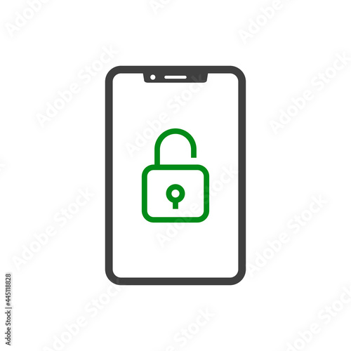 Icono smartphone con candado abierto con lineas en color verde y gris 