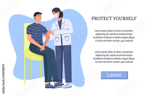 Vaccination against covid-19. A doctor gives a man a vaccine against COVID-19. Vector illustration with place for your text.