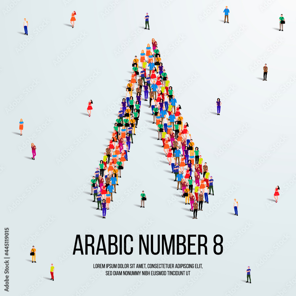 large group of people form to create the number 8 or Eight in Arabic. People font or Number. Vector illustration of Arabic number 8. large group of people form to create the number 8 or Eight in Arabic. People font or Number. Vector illustration of Arabic number 8.